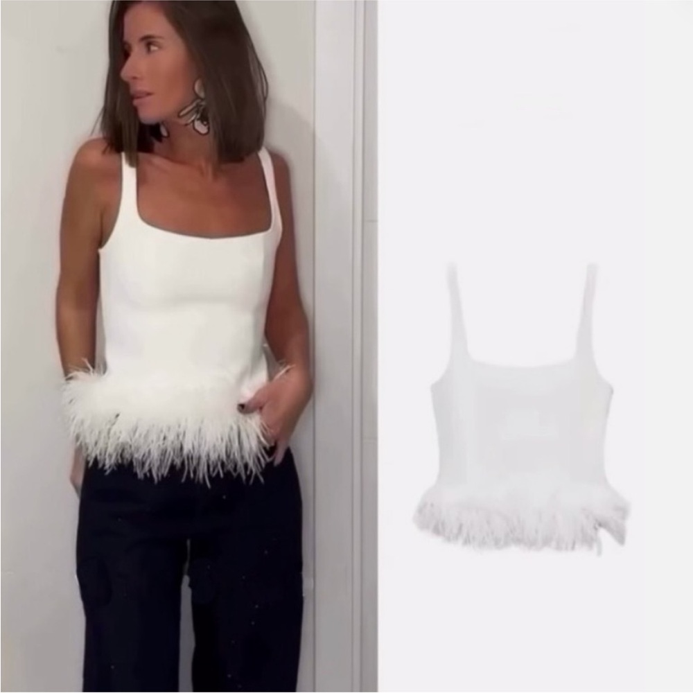 zara NWT white feathered tank top blouse stretch 4772/104 197 size small - Picture 7 of 12